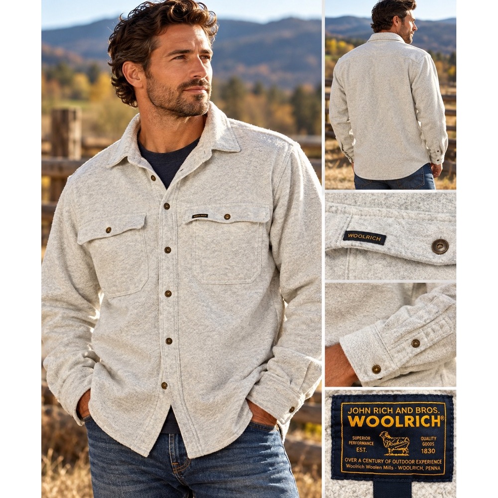 Woolrich John Rich & Bros Mens Long Sleeve Fleece Shirt Oatmeal Grey XL shacket